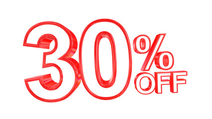 3d 30 percent off text with solid white and red metal outline effects isolated on a transparent background. 3d elements for graphic design.