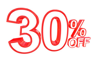 3d 30 percent off text with solid white and red metal outline effects isolated on a transparent background. 3d elements for graphic design.