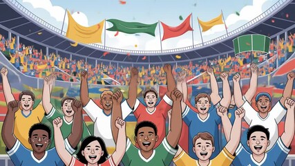 Young diverse soccer team celebrating victory in stadium with raised arms and joyful expressions - Powered by Adobe