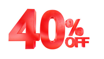 3d 40 percent off text with dark red metal and rainbow effects isolated on a transparent background. 3d elements for graphic design.