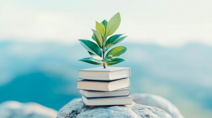 Conceptual Growth: A sprout emerges from a stack of educational books symbolizing learning, wisdom and the potential for growth