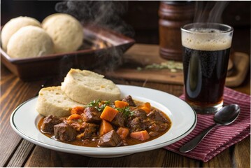 A serving of beef goulash with Czech bread dumplings and a glass of dark beer on a traditional wooden table
