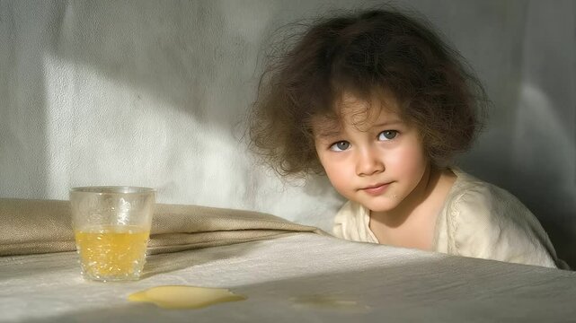A child accidentally spills a drink with an apologetic expression