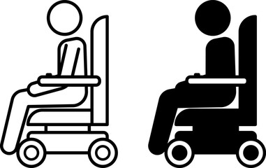 Mobility Aid Icons. Black and White Vector Illustration. Disabled Person on Wheelchair Scooter. Medicine, Accessibility. Disability Concept