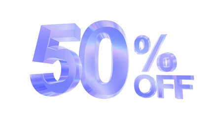 3d glass 50 percent off text with aberration effect isolated on a transparent background. Blue tone. 3d elements for graphic design.