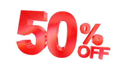 3d 50 percent off text with dark red metal and rainbow effects isolated on a transparent background. 3d elements for graphic design.