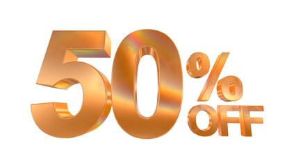 3d 50 percent off text with golden and rainbow effects isolated on a transparent background. 3d elements for graphic design.