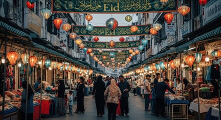 Fototapeta premium Bustling eid bazaar with colorful lanterns and multicultural shoppers