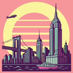 Retro New York City Skyline Iconic Buildings, Bridges, and Sunset