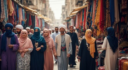 Bustling market scene with diverse adult shoppers in traditional middle eastern attire