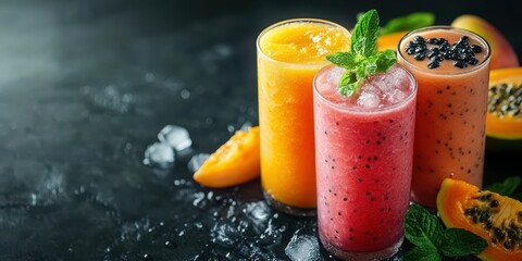 Refreshing tropical smoothies served in colorful glasses with fresh fruit on a dark background