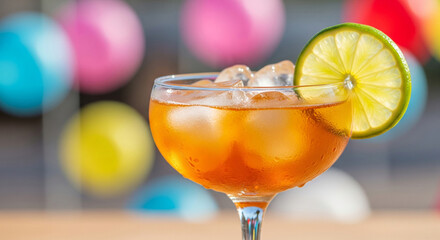 Cocktail with lime wheel and ice cubes. Summer alcoholic drink. Cocktail.