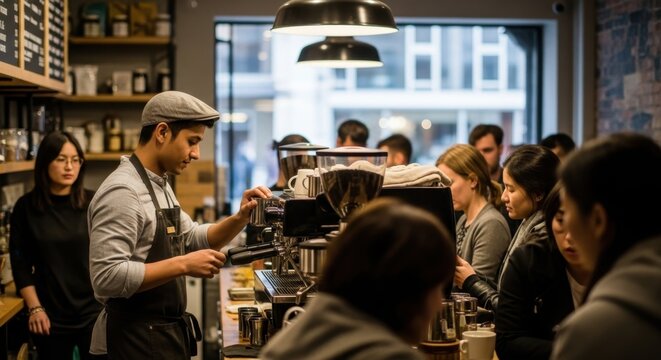 Busy café scene with asian male barista serving diverse customers