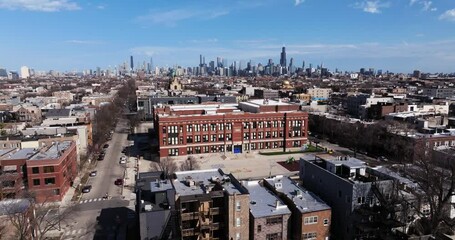 Scenic Aerial Establishing Shot Urban School in Downtown Chicago, Illinois