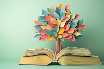 Colorful paper tree on open book