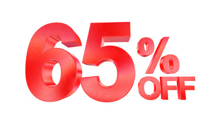 3d 65 percent off text with dark red metal and rainbow effects isolated on a transparent background. 3d elements for graphic design.