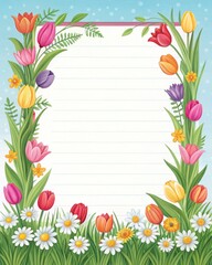 Obraz premium Spring garden flowers frame, colorful tulips and daisies.