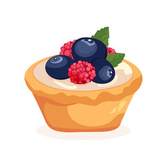 Vector illustration of a berry tartlet with cream, strawberries, raspberries, blueberries, and blackberries on a white background. Perfect for Chocolate Day, kids menu, bakery ads, decor, and seasonal
