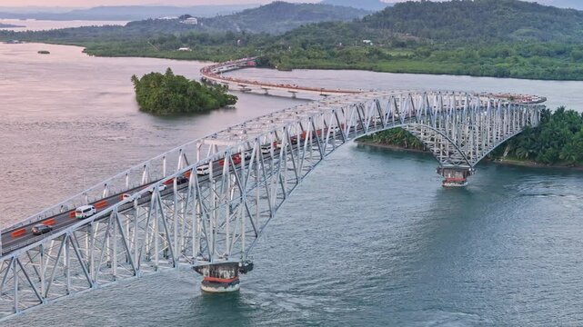 San Juanico Bridge under repair. Single lane traffic between Leyte and Samar Philippines.