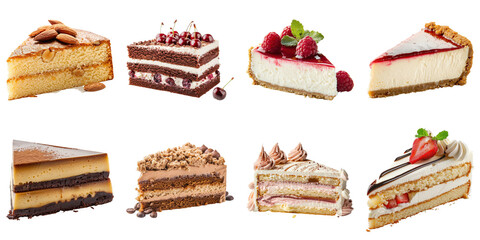 Slices of various cakes on transparent background