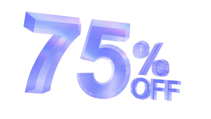 3d glass 75 percent off text with aberration effect isolated on a transparent background. Blue tone. 3d elements for graphic design.