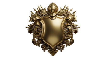 Golden heraldic emblem with shield, helmets, spears, and intricate ornamentation