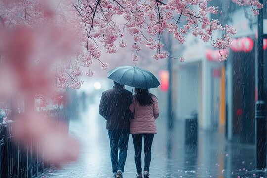 Couple walks in rain under cherry blossoms (1)