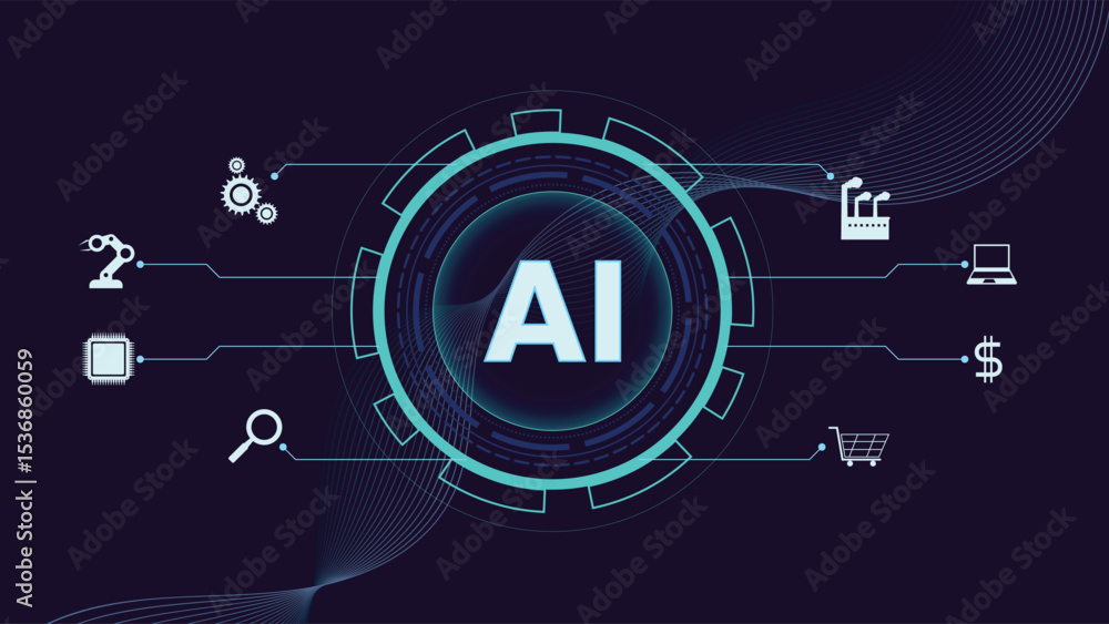 Poster futuristic ai technology background featuring digital elements with industry and tech icons on dark 