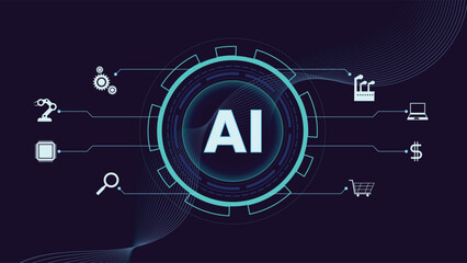 Futuristic AI technology background featuring digital elements with industry and tech icons on dark theme