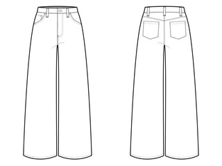 High Waist Wide Leg Jeans- Flat Vector Illustration-Front and Back View- Technical Illustration- CAD Mock-up 