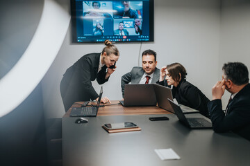 A team of business professionals working together in a formal setting with modern equipment, discussing projects and utilizing technology to collaborate effectively.