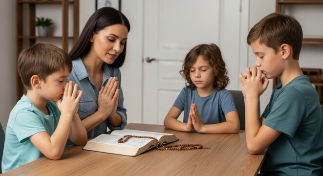 Caucasian family praying together: young woman and children in prayer around bible - Powered by Adobe