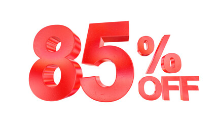 3d 85 percent off text with dark red metal and rainbow effects isolated on a transparent background. 3d elements for graphic design.