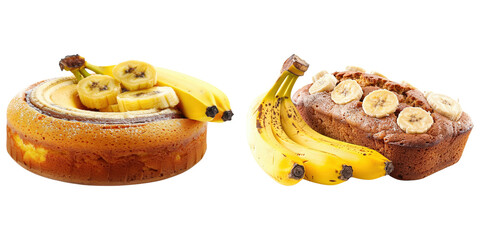 Two cakes with bananas on transparent background