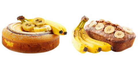 Two cakes with bananas on transparent background
