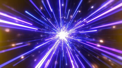 An abstract animation showing a forward flight through a tunnel of light. Blue and purple neon lines and particles rush towards the viewer from a bright, explosive center point in a seamless loop. - Powered by Adobe