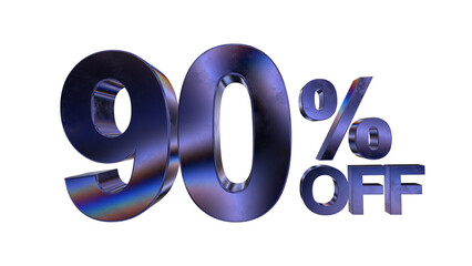 3d 90 percent off text with dark blue metal and rainbow effects isolated on a transparent background. 3d elements for graphic design.