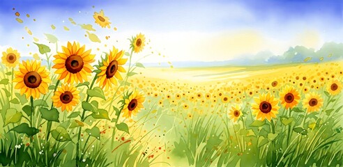 A watercolor painting of a sprawling field of golden sunflowers under blue sky in summer season. Several large sunflowers in the foreground, wide angle watercolor