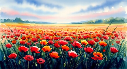 A watercolor painting of a sprawling red poppy field under blue cloudy sky in summer season, wide angle watercolor