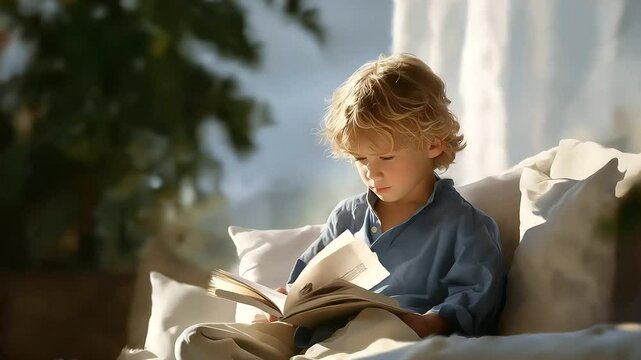 Child fibbing to parent while reading storybook with illustrations