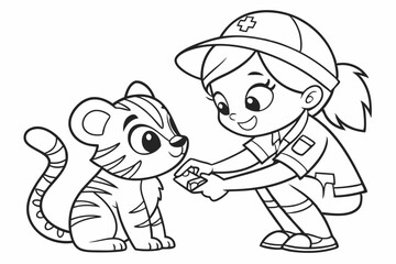 Fototapeta premium coloring page for kids, a friendly female zookeeper gently putting a bandage on a baby tiger's paw, the tiger cub looks brave, thick outlines, black and white