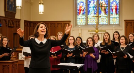Caucasian female choir conductor leading young women singers in church