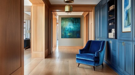 Modern hallway with statement art and rich blue chair