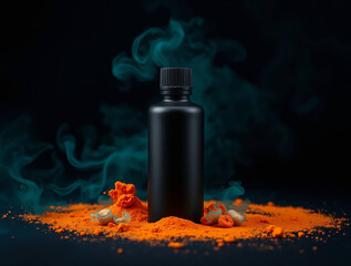 Black Cylindrical Bottle with Teal Smoke Cloud - Dramatic Studio Shot on Dark Background, Ribbed Cap