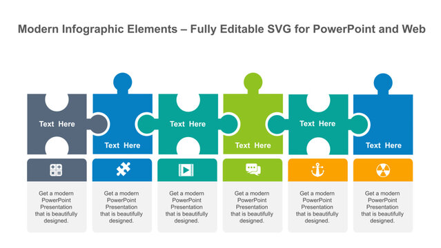 Six Puzzle Piece Infographic Template for PowerPoint Presentations. Fully editable vector SVG file compatible with PowerPoint, Illustrator, and most vector-based applications.