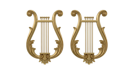 Two exquisitely crafted golden lyres on a stark white background showcasing artistry