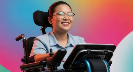 Smiling young adult using wheelchair tablet with colorful backdrop