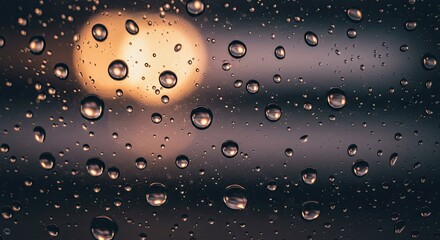 Close-up of water droplets on a glass surface with a blurred background light
