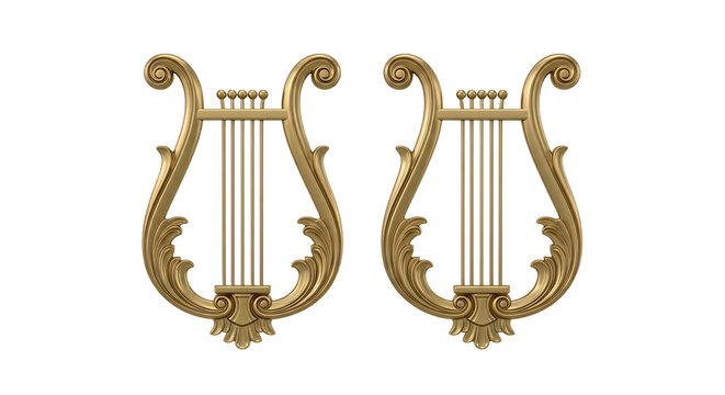 Two exquisitely crafted golden lyres on a stark white background showcasing artistry