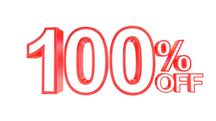 3d 100 percent off text with solid white and red metal outline effects isolated on a transparent background. 3d elements for graphic design.